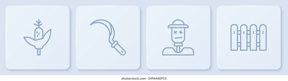 Set line Corn, Scarecrow, Sickle and Garden fence wooden. White square button. Vector