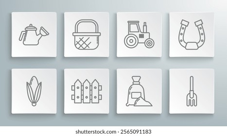 Set line Corn, Shopping basket, Garden fence wooden, Bag of flour, rake, Tractor, Horseshoe and Watering can icon. Vector