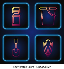 Set line Corn, Shovel, Can container for milk and Bucket. Gradient color icons. Vector
