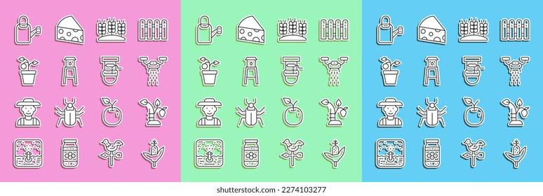 Set line Corn, Strawberry bush, Smart farm with drone, Wheat, Water tower, Plant in pot, Watering can and Well bucket icon. Vector