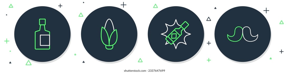 Set Linie Mais, Tabasco Sauce, Tequila Flasche und Mustache Symbol. Vektorgrafik