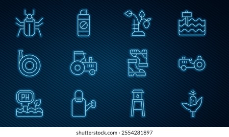Set line Corn, Tractor, Strawberry bush, Garden hose, Insect fly, Waterproof rubber boot and sprayer for fertilizer icon. Vector