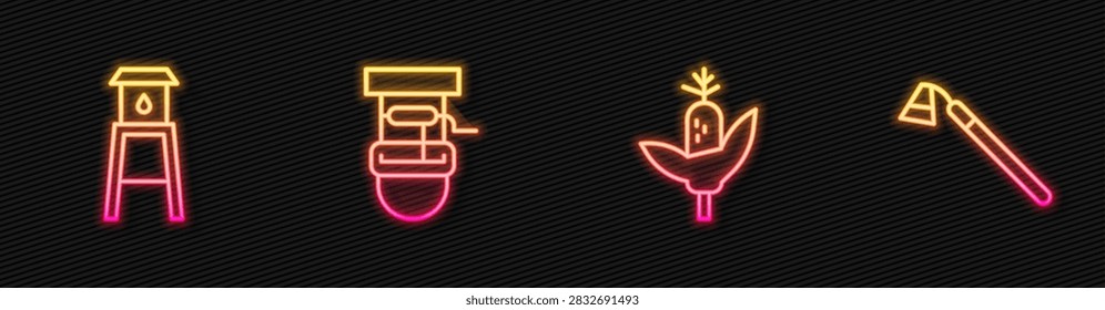 Set line Corn, Water tower, Well with bucket and Garden hoe. Glowing neon icon. Vector
