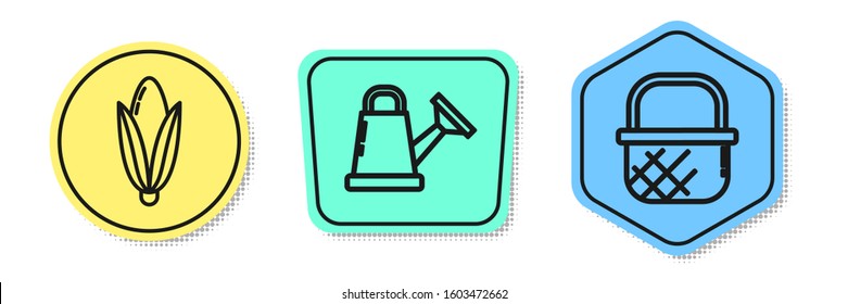 Set line Corn, Watering can and Shopping basket. Colored shapes. Vector