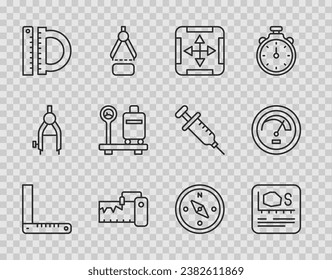 Fijar la regla de la esquina, la medida del área, el instrumento de medida, el tractor y, la escala con la maleta, el icono de brújula y velocímetro. Vector