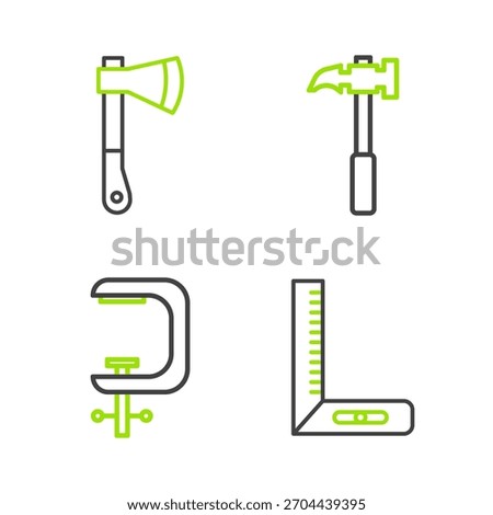 Set line Corner ruler, Clamp and screw tool, Claw hammer and Wooden axe icon. Vector
