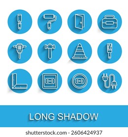 Set line Corner ruler, Electrical outlet, Rasp metal file, plug, Hammer, Paint brush and Traffic cone icon. Vector