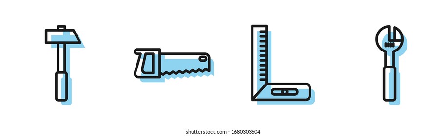 Set line Corner ruler, Hammer, Hand saw and Adjustable wrench icon. Vector