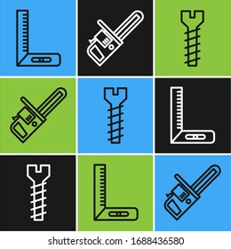 Set line Corner ruler, Metallic screw and Chainsaw icon. Vector