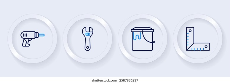 Set line Corner ruler, Paint bucket, Adjustable wrench and Electric drill machine icon. Vector