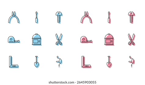 Linie setzen Eckenlineal, Schaufel, Zangenwerkzeug, Handbohrer, Löffel bemalen, Schere, Roulette Konstruktion und Schraubendrehersymbol. Vektorgrafik