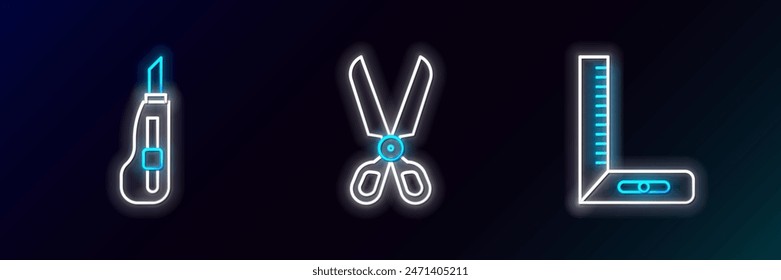 Set line Corner ruler, Stationery knife and Scissors icon. Glowing neon. Vector