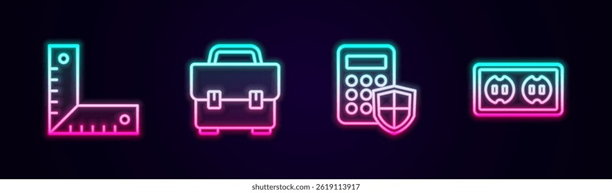 Set line Corner ruler, Toolbox, Security keypad access panel and Electrical outlet. Glowing neon icon. Vector