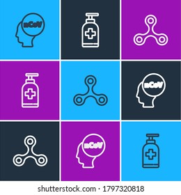 Set line Corona virus 2019-nCoV, Virus and Bottle of liquid antibacterial soap icon. Vector