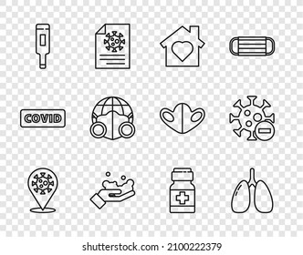 Set line Corona virus 2019-nCoV on location, Lungs, House with heart inside, Washing hands soap, Medical thermometer, Earth medical mask, Medicine bottle pills and Negative icon. Vector