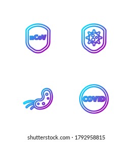 Set line Corona virus covid-19, Virus, Shield protecting from and . Gradient color icons. Vector