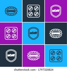 Set line Corona virus covid-19, Shield protecting from and Pills blister pack icon. Vector