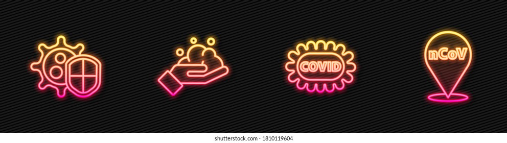 Set line Corona virus covid-19, Shield protecting from, Washing hands with soap and 2019-nCoV location. Glowing neon icon. Vector