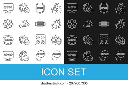 Set line Corona virus covid-19, Shield protecting from, Virus, Washing hands with soap, 2019-nCoV location and Medical protective mask icon. Vector