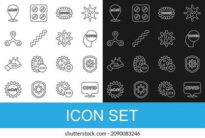 Set line Corona virus covid-19 on location, Shield protecting from, Virus, 2019-nCoV and  icon. Vector