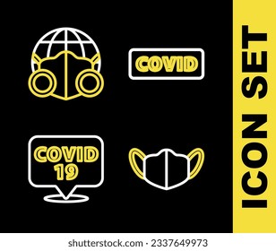 Set line Corona virus covid-19, Medical protective mask, location and Earth with medical icon. Vector