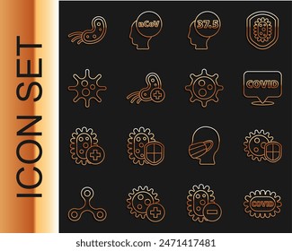 Set line Corona virus covid-19, Shield protecting from, location, High human body temperature, Positive, Virus,  and  icon. Vector