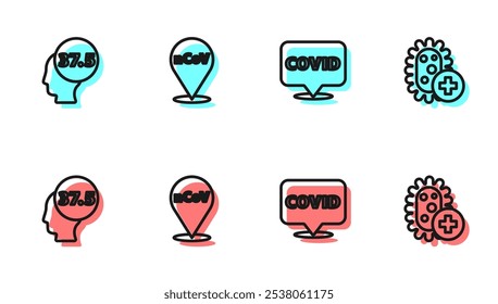 Ajuste a linha Corona vírus covid-19 no local, Alta temperatura corporal humana, 2019-nCoV e ícone positivo. Vetor