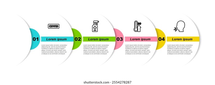 Set line Corona virus covid-19, Liquid antibacterial soap, High human body temperature and Man coughing. Business infographic template. Vector