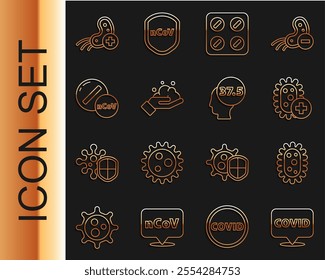 Set line Corona virus covid-19 on location, Virus, Positive, Pills in blister pack, Washing hands with soap, Medicine pill tablet,  and High human body temperature icon. Vector