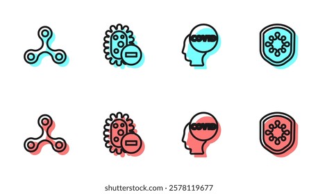 Set line Corona virus covid-19, Virus, Negative and Shield protecting from icon. Vector