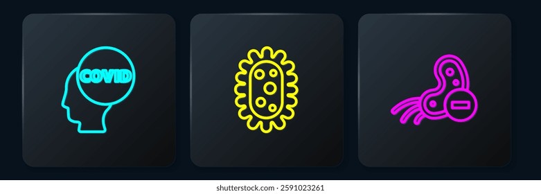 Set line Corona virus covid-19, Negative and Virus. Black square button. Vector