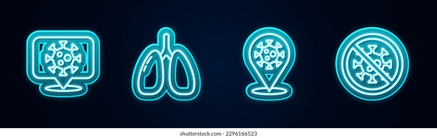 Set line Corona virus on location, Lungs, 2019-nCoV and Stop. Glowing neon icon. Vector