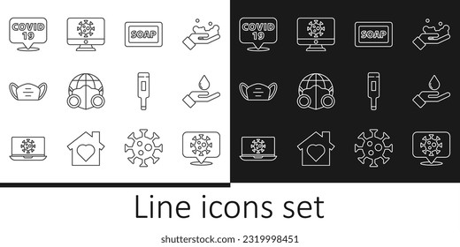 Set line Corona virus on location, Washing hands with soap, Bar of, Earth medical mask, Medical protective, thermometer and Virus statistics monitor icon. Vector