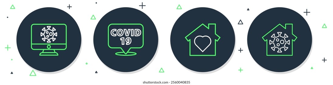 Set line Corona virus on location, House with heart inside, Virus statistics monitor and Stay home icon. Vector