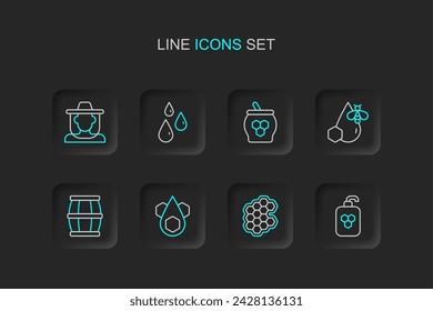 Set line Cosmetic tube with honey, Honeycomb, Wooden barrel, Bee and honeycomb, Jar of dipper stick, Drops and Beekeeper protect hat icon. Vector