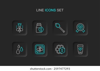 Set line Cosmetic tube with honey, Sale of honeycomb, Stop bee, Drops, Honey award, dipper stick, in jar and Queen icon. Vector