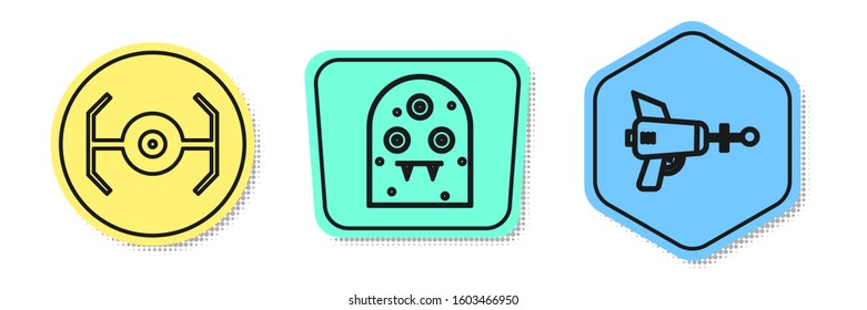 Set line Cosmic ship, Alien and Ray gun. Colored shapes. Vector