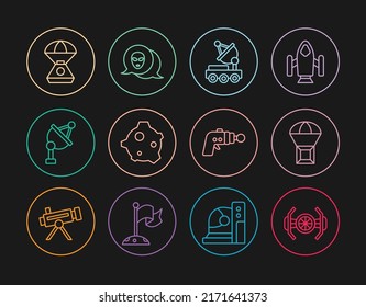 Set Line Cosmic Ship, Box Flying On Parachute, Mars Rover, Asteroid, Satellite Dish, Space Capsule, Ray Gun And Alien Icon. Vector