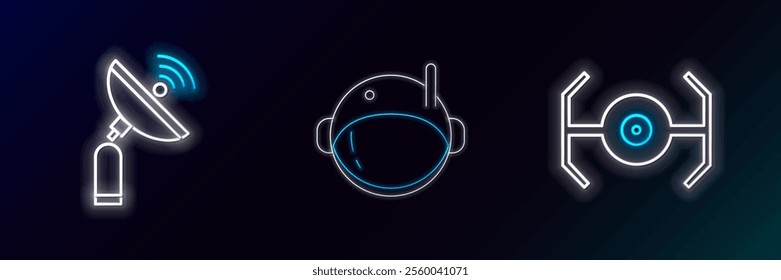 Set line Cosmic ship, Radar and Astronaut helmet icon. Glowing neon. Vector