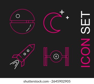Set line Navio cósmico, Foguete com fogo, Lua e estrelas e ícone da morte. Vetor