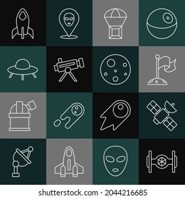 Set line Cosmic ship, Satellite, Moon with flag, Box flying parachute, Telescope, UFO spaceship, Rocket and Planet Mars icon. Vector