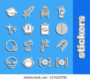 Set line Cosmic ship, Satellite, Earth structure, Robot, Alien, Falling star, Planet and  icon. Vector