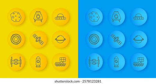 Set line Cosmic ship, Solar system, Satellite, Mars rover, Planet Saturn, Asteroid, UFO flying spaceship and  icon. Vector