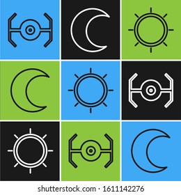 Set line Cosmic ship, Sun and Moon and stars icon. Vector