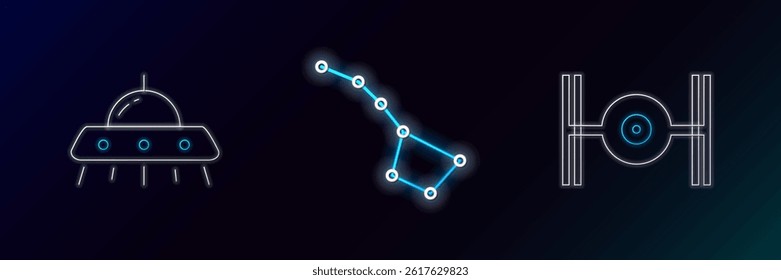 Set line Cosmic ship, UFO flying spaceship and Great Bear constellation icon. Glowing neon. Vector