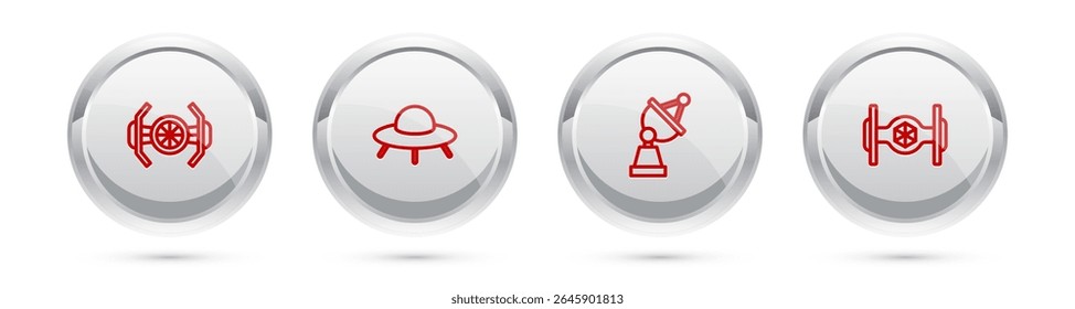 Set line Cosmic ship, UFO flying spaceship, Satellite dish and . Silver circle button. Vector
