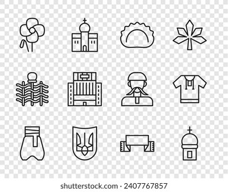 Set line Cossack pants, Church tower, Dumplings, Ukrainian trident, Poppy flower, Hotel Ukraina building, Embroidered towel and shirt icon. Vector