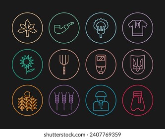 Set line Cossack pants, Ukrainian trident, Dumplings on fork, Garden pitchfork, Sunflower, Chestnut leaf, cossack and Smoking pipe icon. Vector