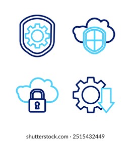 Set line Cost reduction, Cloud computing lock, and shield and Shield with settings gear icon. Vector