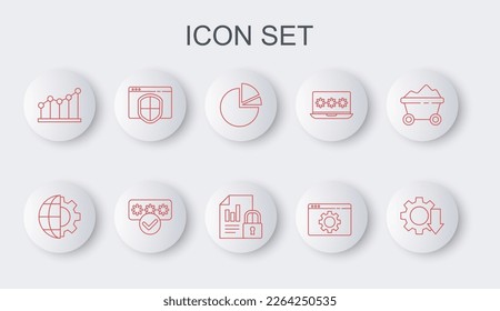 Set line Cost reduction, Globe of the Earth and gear, Pie chart infographic, Browser setting, with shield, Password protection and Document lock icon. Vector